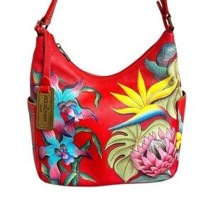Anuschka red leather painted floral shoulder bag